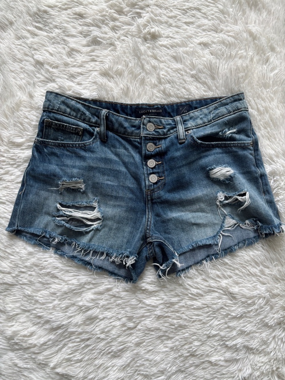 Lucky Brand Distressed Button-Front Denim Shorts - Medium Blue